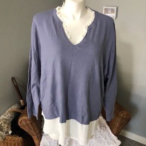 3X Blue V-Neck Sweater with White Ruffle Trim